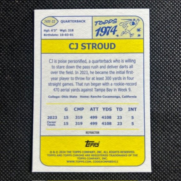 CJ Stroud 2024 Topps Chrome Refractor Topps 1974 #74TF-22 Houston Texans ROTY - Picture 2 of 2